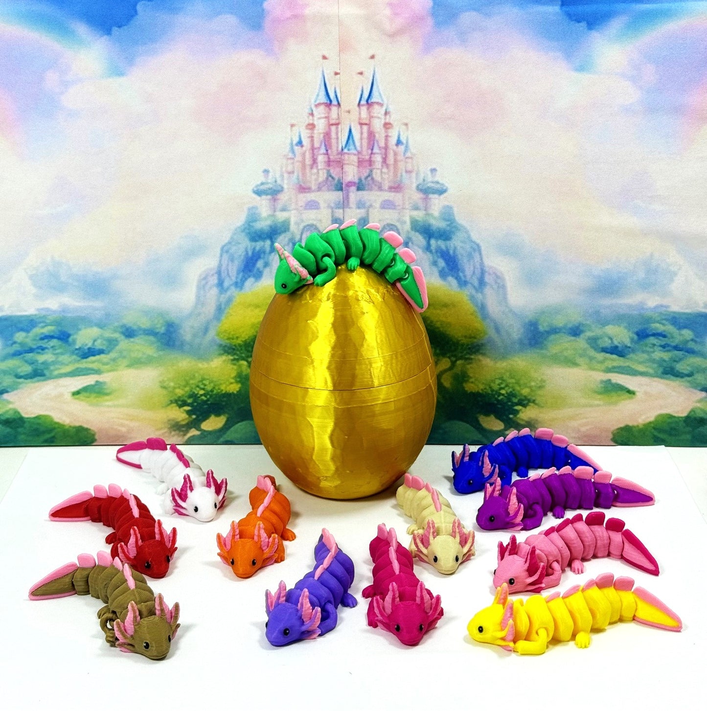 12pcs Baby Axolotl with Egg, 3D Printed Articulated Colorful Fidget Axolotl, Tiny Animal Figures, Birthday Party Decorations BA001-SET-GHE