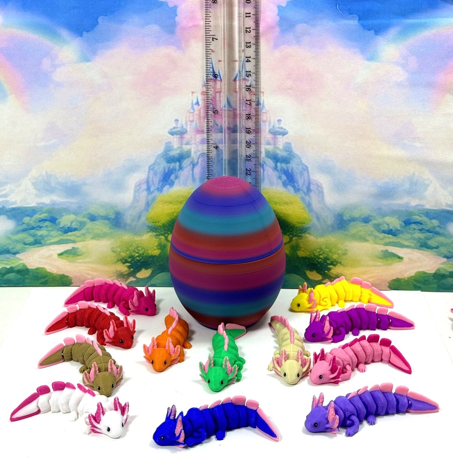 12pcs Cute 3D Printed Articulated Baby Axolotl with Egg, Colorful Fidget Axolotl, Tiny Animal Figures, Birthday Party Decorations BA001-SET-RBW2