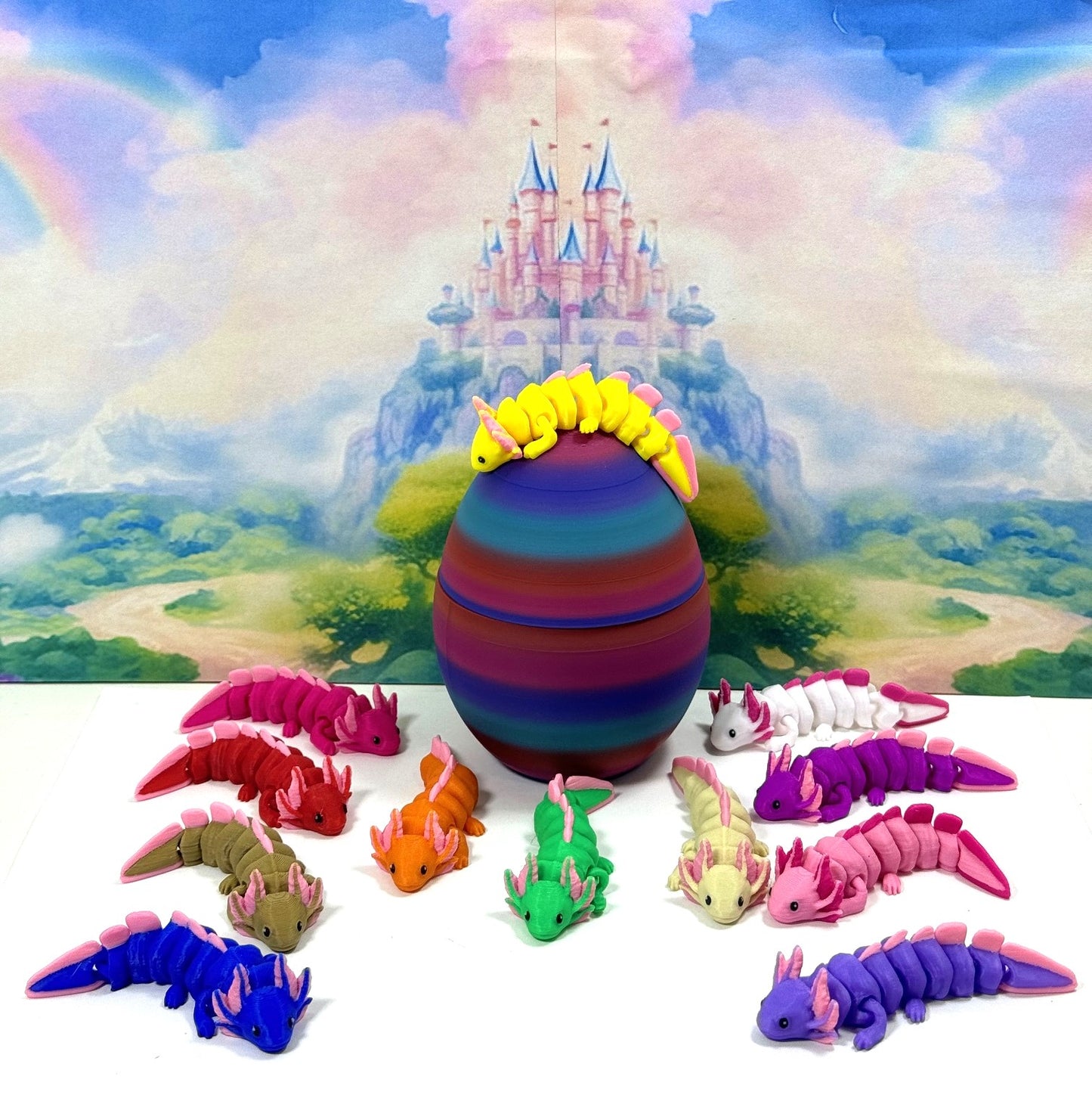 12pcs Cute 3D Printed Articulated Baby Axolotl with Egg, Colorful Fidget Axolotl, Tiny Animal Figures, Birthday Party Decorations BA001-SET-RBW2