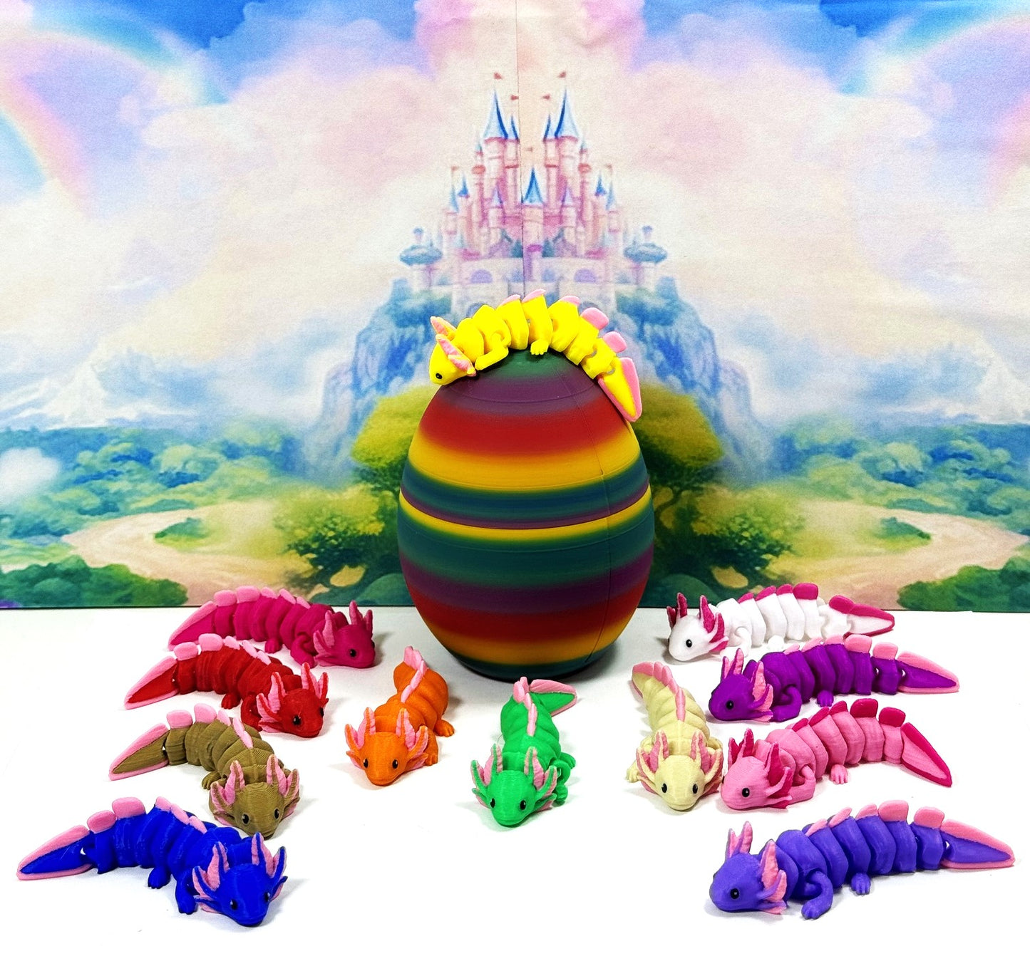 12pcs Cute Articulated Baby Axolotl with Egg, 3D Printed Colorful Fidget Axolotl, Tiny Animal Figures, Birthday Party Decorations BA001-SET-RBW1