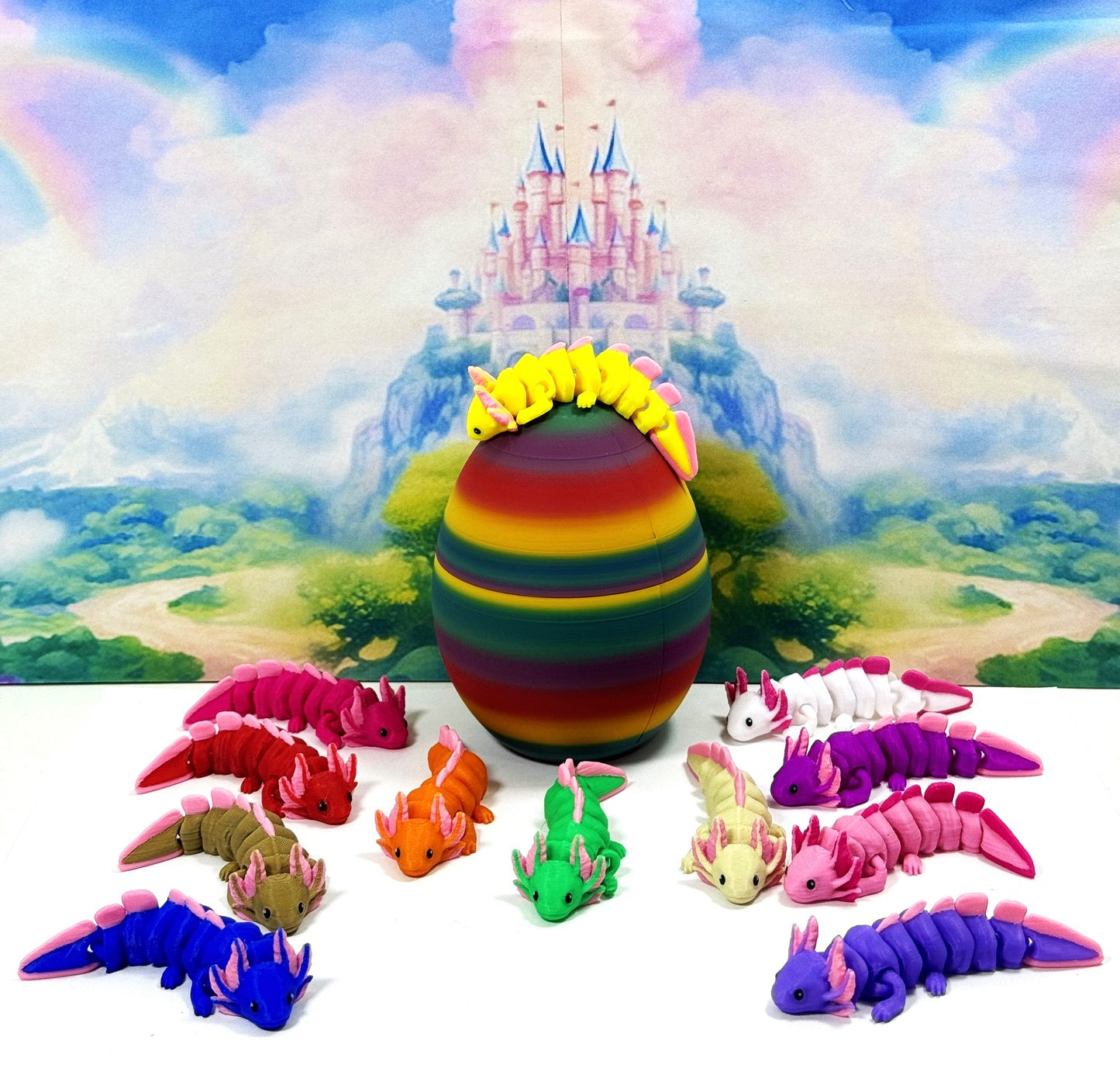 12pcs Cute Articulated Baby Axolotl with Egg, 3D Printed Colorful Fidget Axolotl, Tiny Animal Figures, Birthday Party Decorations BA001-SET-RBW1