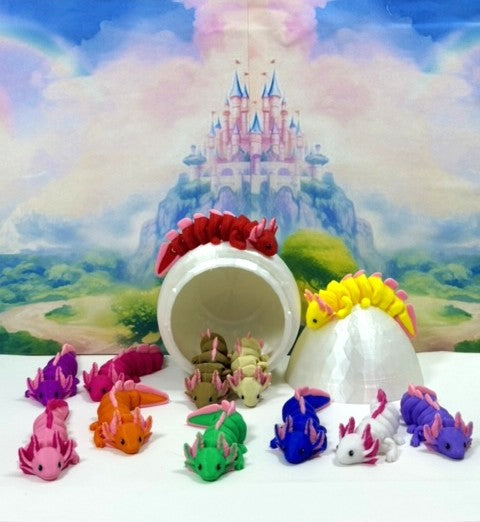 12pcs Articulating Baby Axolotl with Egg, 3D Printed Colorful Fidget Axolotl, Tiny Animal Figures, Birthday Party Decorations BA001-SET-WHE