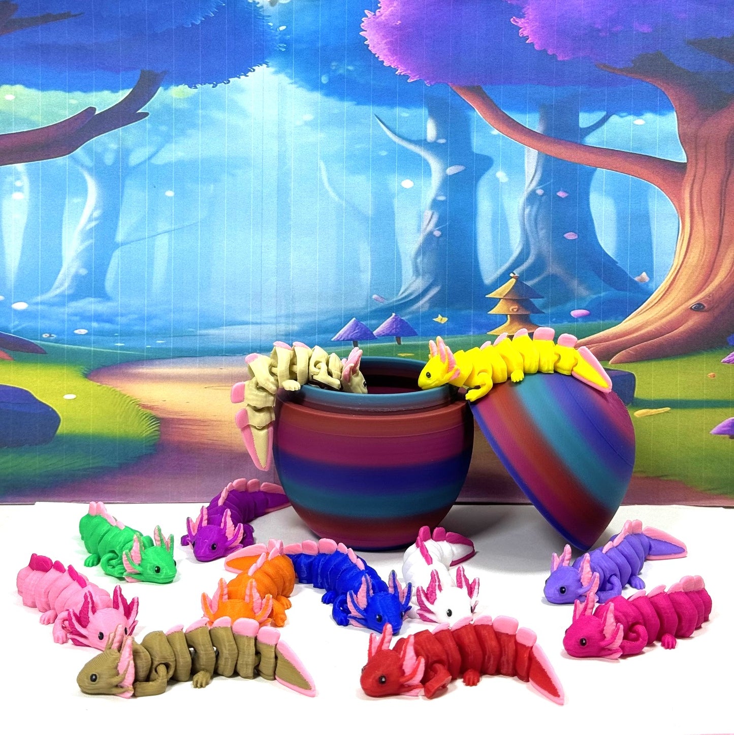 12pcs Cute 3D Printed Articulated Baby Axolotl with Egg, Colorful Fidget Axolotl, Tiny Animal Figures, Birthday Party Decorations BA001-SET-RBW2