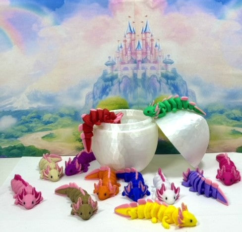 12pcs Articulating Baby Axolotl with Egg, 3D Printed Colorful Fidget Axolotl, Tiny Animal Figures, Birthday Party Decorations BA001-SET-WHE