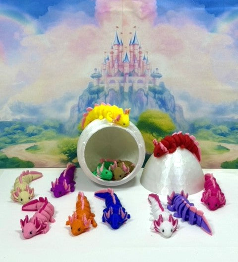 12pcs Articulating Baby Axolotl with Egg, 3D Printed Colorful Fidget Axolotl, Tiny Animal Figures, Birthday Party Decorations BA001-SET-WHE