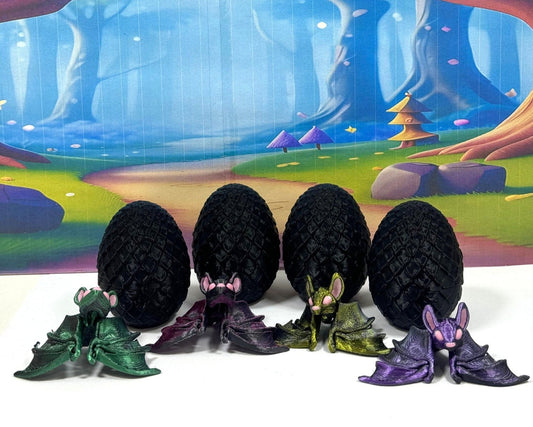 4pcs Articulated Poseable Cinderbat for Halloween Decor, 3D Printed Bat with Black Egg, Fidget Trick or Treat Mini Bats