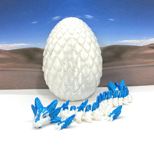 3D Printed Dragon with Egg, Articulated White and Blue Axolotl Dragon, Fidget ADHD Dragon Toy - D041-WB