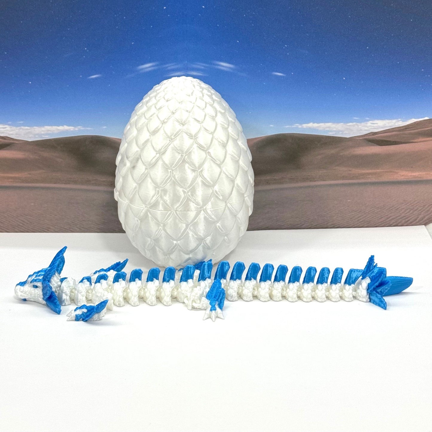 3D Printed Dragon with Egg, Articulated White and Blue Axolotl Dragon, Fidget ADHD Dragon Toy - D041-WB