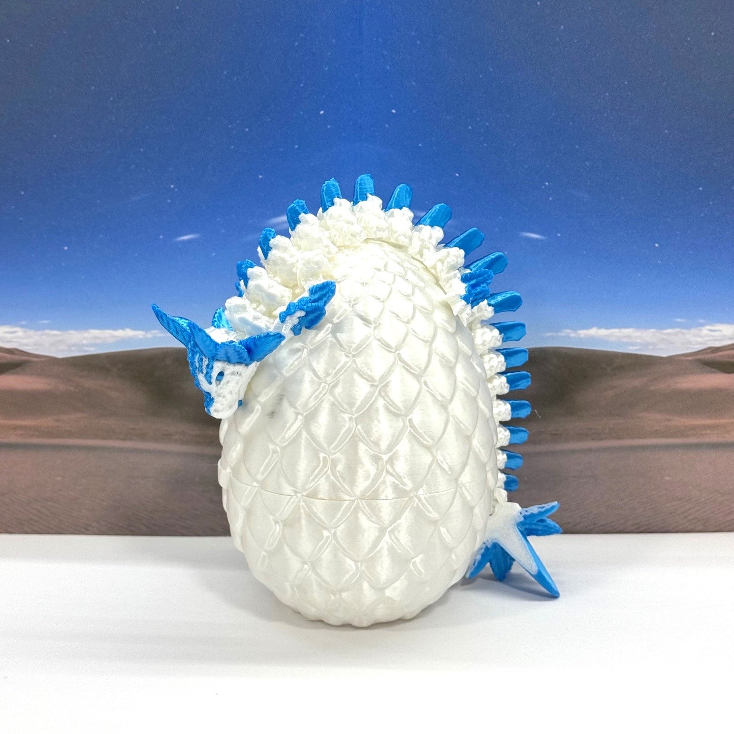 3D Printed Dragon with Egg, Articulated White and Blue Axolotl Dragon, Fidget ADHD Dragon Toy - D041-WB