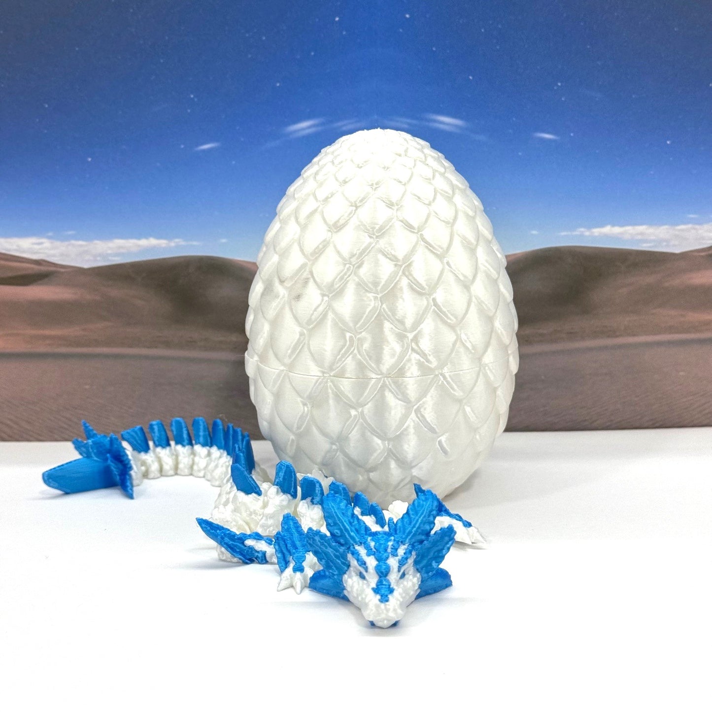 3D Printed Dragon with Egg, Articulated White and Blue Axolotl Dragon, Fidget ADHD Dragon Toy - D041-WB