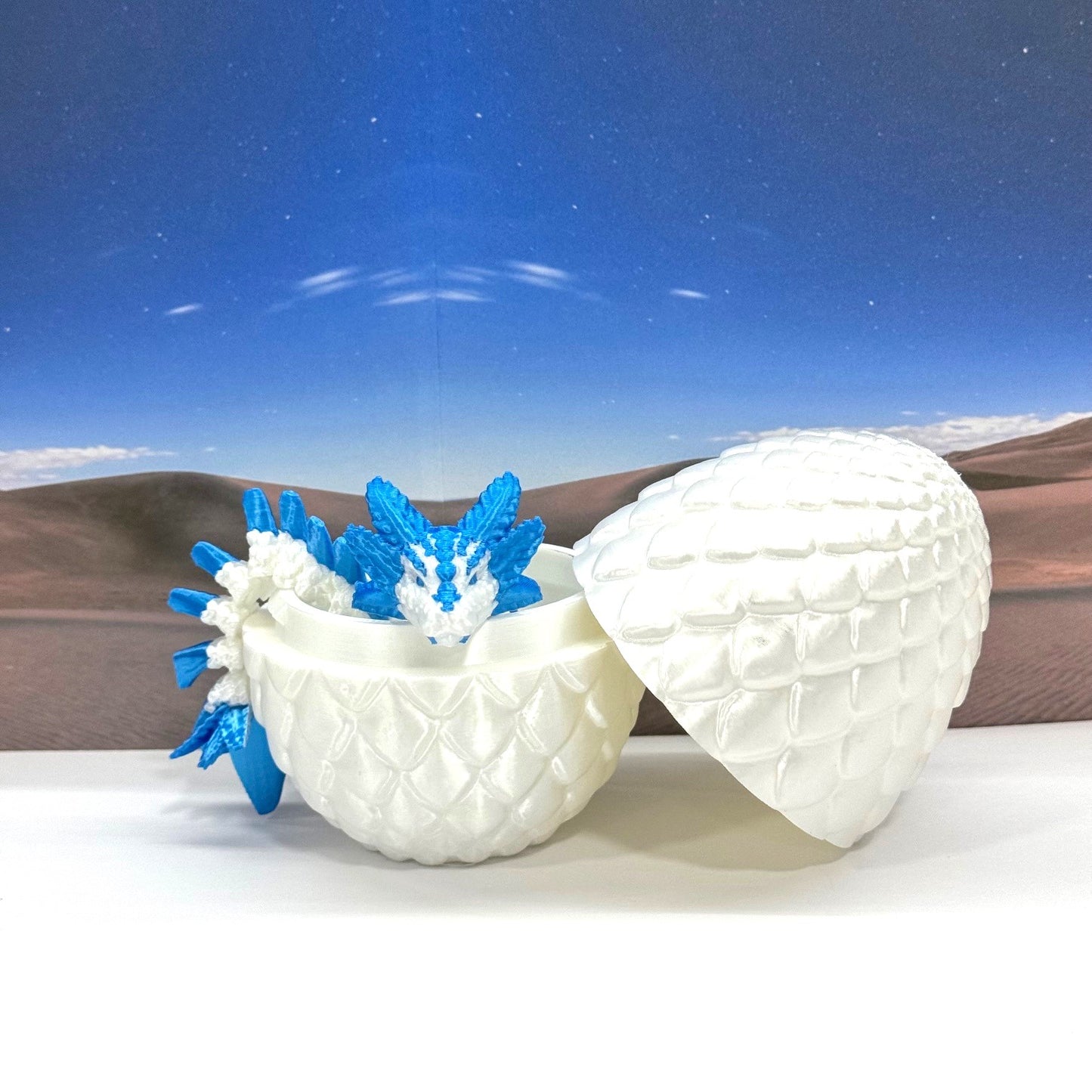 3D Printed Dragon with Egg, Articulated White and Blue Axolotl Dragon, Fidget ADHD Dragon Toy - D041-WB