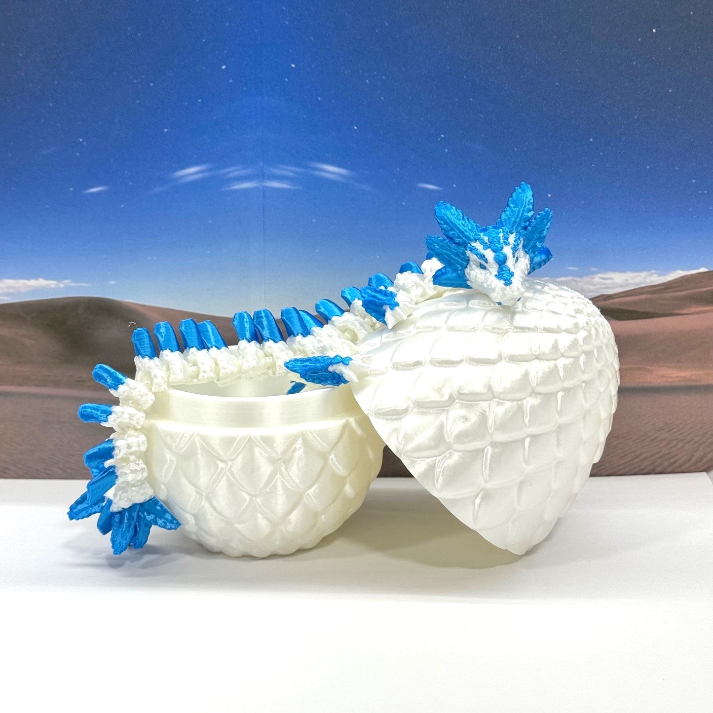 3D Printed Dragon with Egg, Articulated White and Blue Axolotl Dragon, Fidget ADHD Dragon Toy - D041-WB