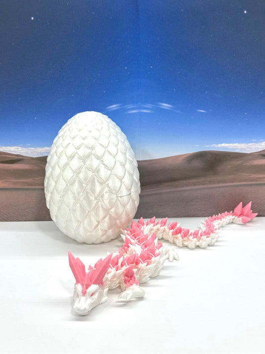 3D Printed Dragon with Egg, Articulated White and Pink Crystal Dragon, Fidget ADHD Dragon Toy - D062WP