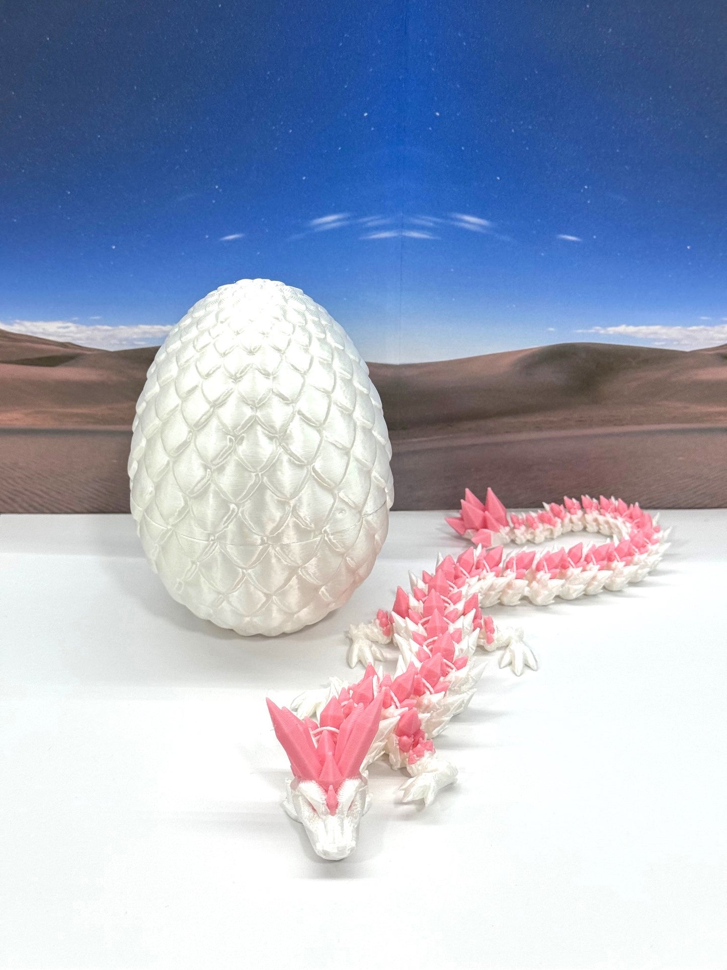 3D Printed Dragon with Egg, Articulated White and Pink Crystal Dragon, Fidget ADHD Dragon Toy - D062WP
