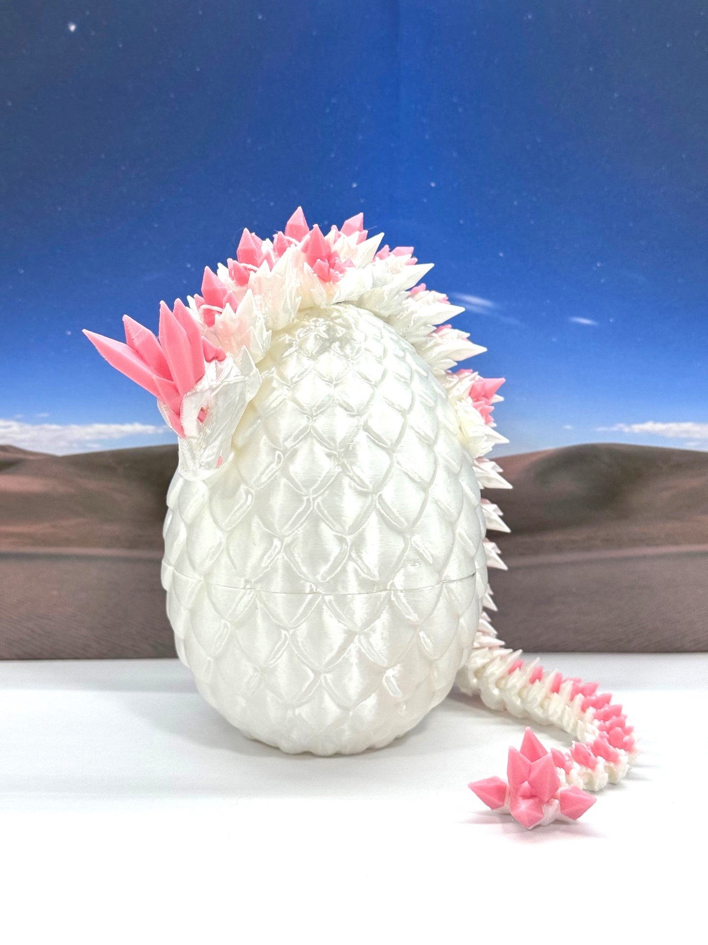 3D Printed Dragon with Egg, Articulated White and Pink Crystal Dragon, Fidget ADHD Dragon Toy - D062WP