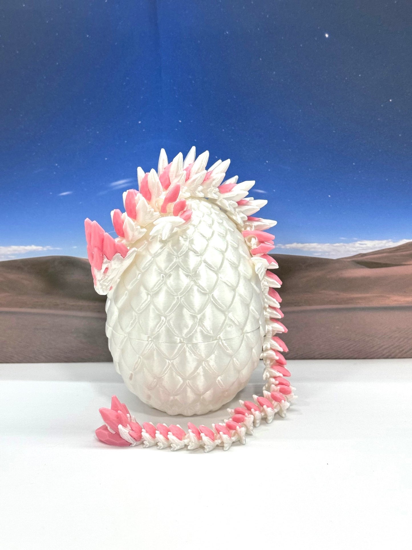 3D Printed Dragon with Egg, Articulated White and Pink Gemstone Dragon, Fidget ADHD Dragon Toy - D063WP