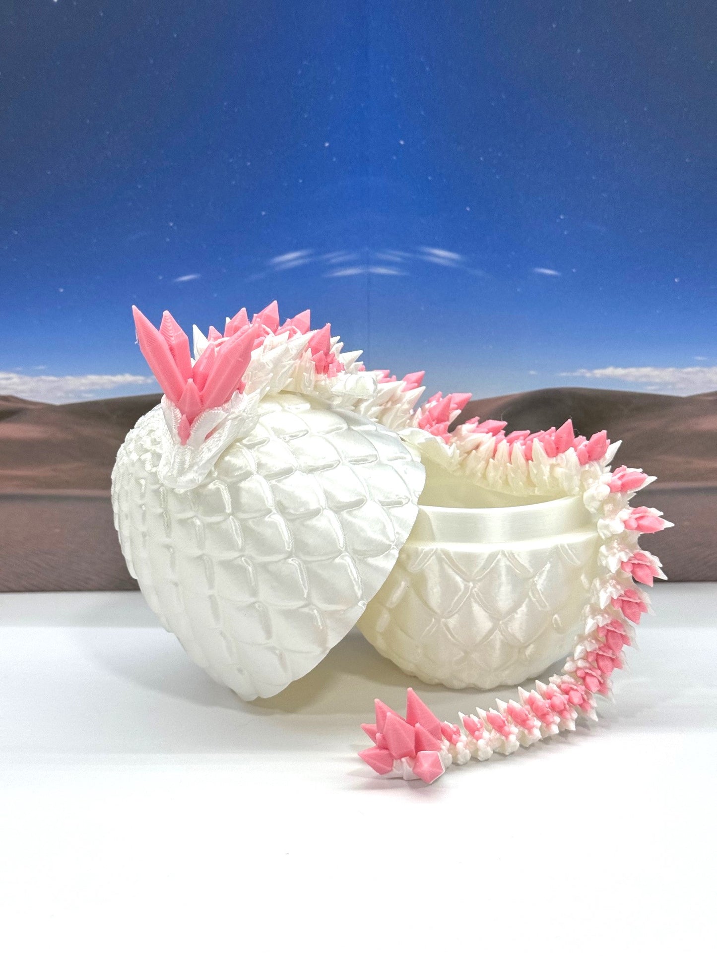 3D Printed Dragon with Egg, Articulated White and Pink Crystal Dragon, Fidget ADHD Dragon Toy - D062WP