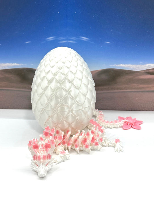 3D Printed Dragon with Egg, Articulated White and Pink Cherry Blossom Dragon, Fidget ADHD Dragon Toy - D017-PNK