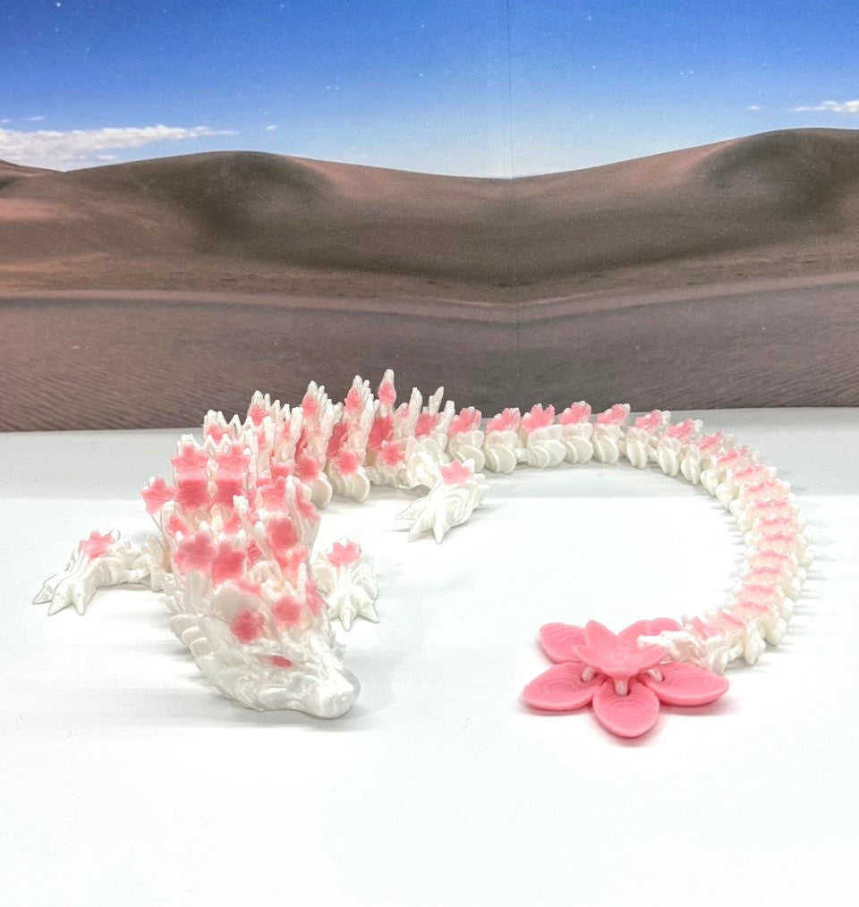 3D Printed Dragon, Articulated White and Pink Cherry Blossom Dragon, Fidget ADHD Dragon Toy - D016-DR