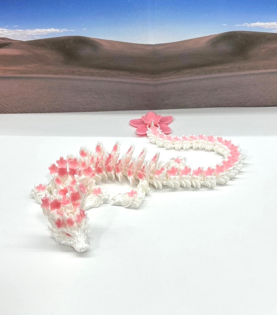 3D Printed Dragon, Articulated White and Pink Cherry Blossom Dragon, Fidget ADHD Dragon Toy - D016-DR