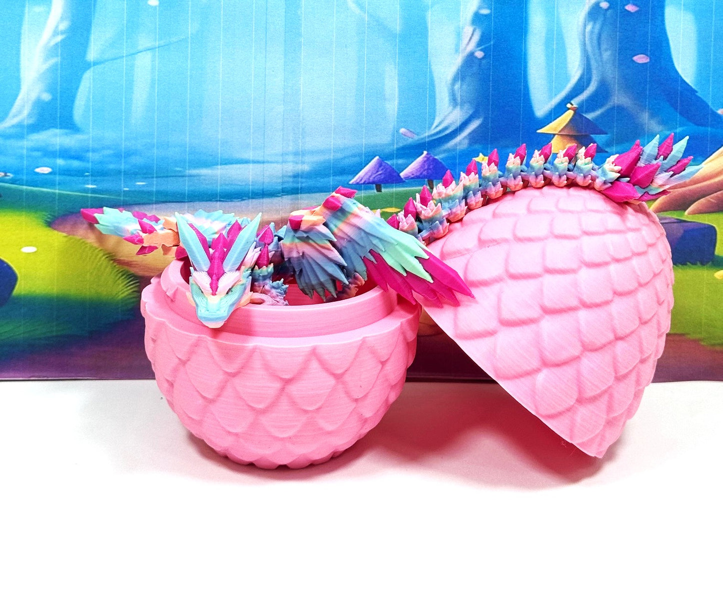 3D Printed Dragon with Egg, Articulated Multi Color Crystal Winged Dragon, Fidget ADHD Dragon Toy - CW015