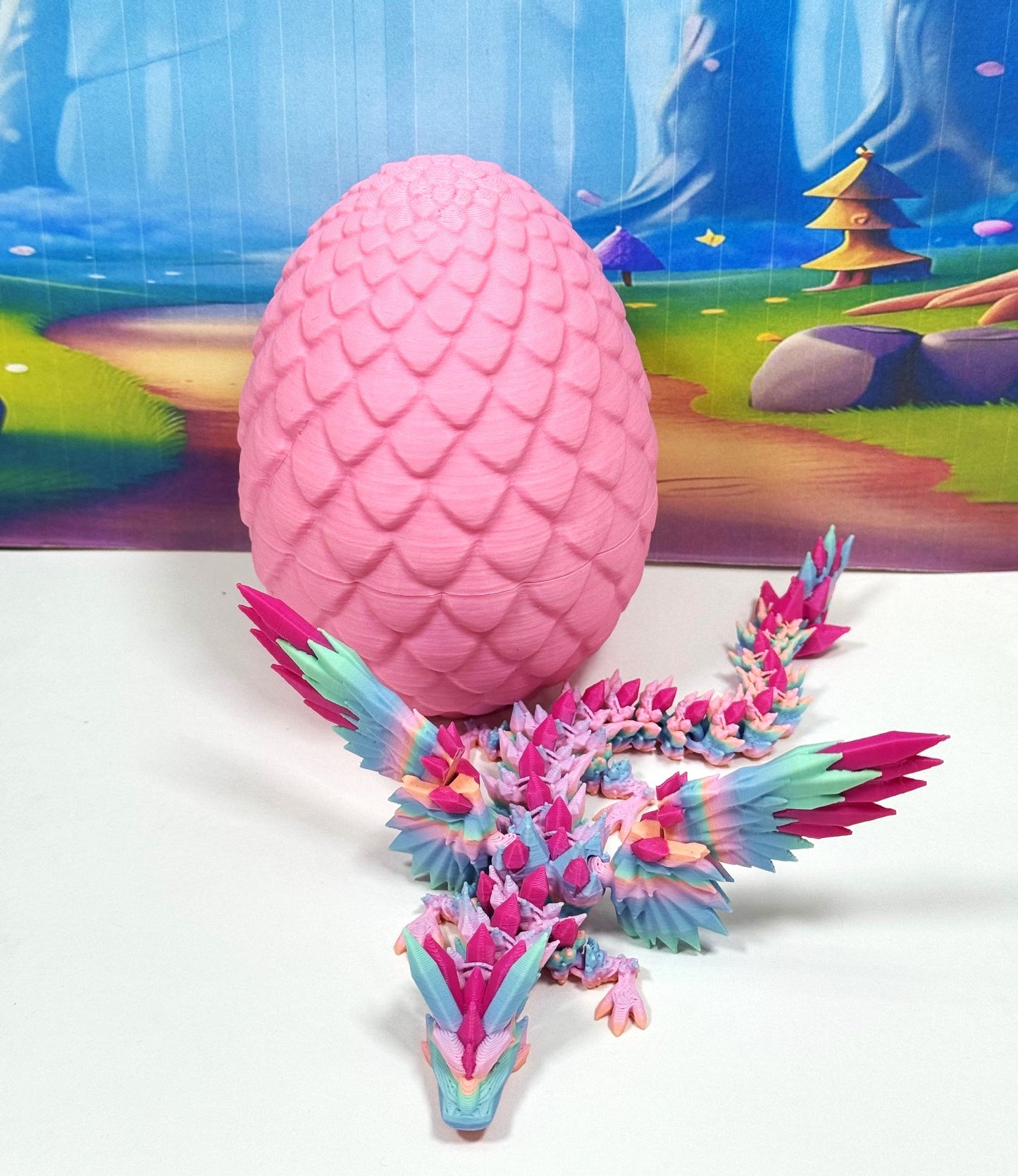 3D Printed Dragon with Egg, Articulated Multi Color Crystal Winged Dragon, Fidget ADHD Dragon Toy - CW015