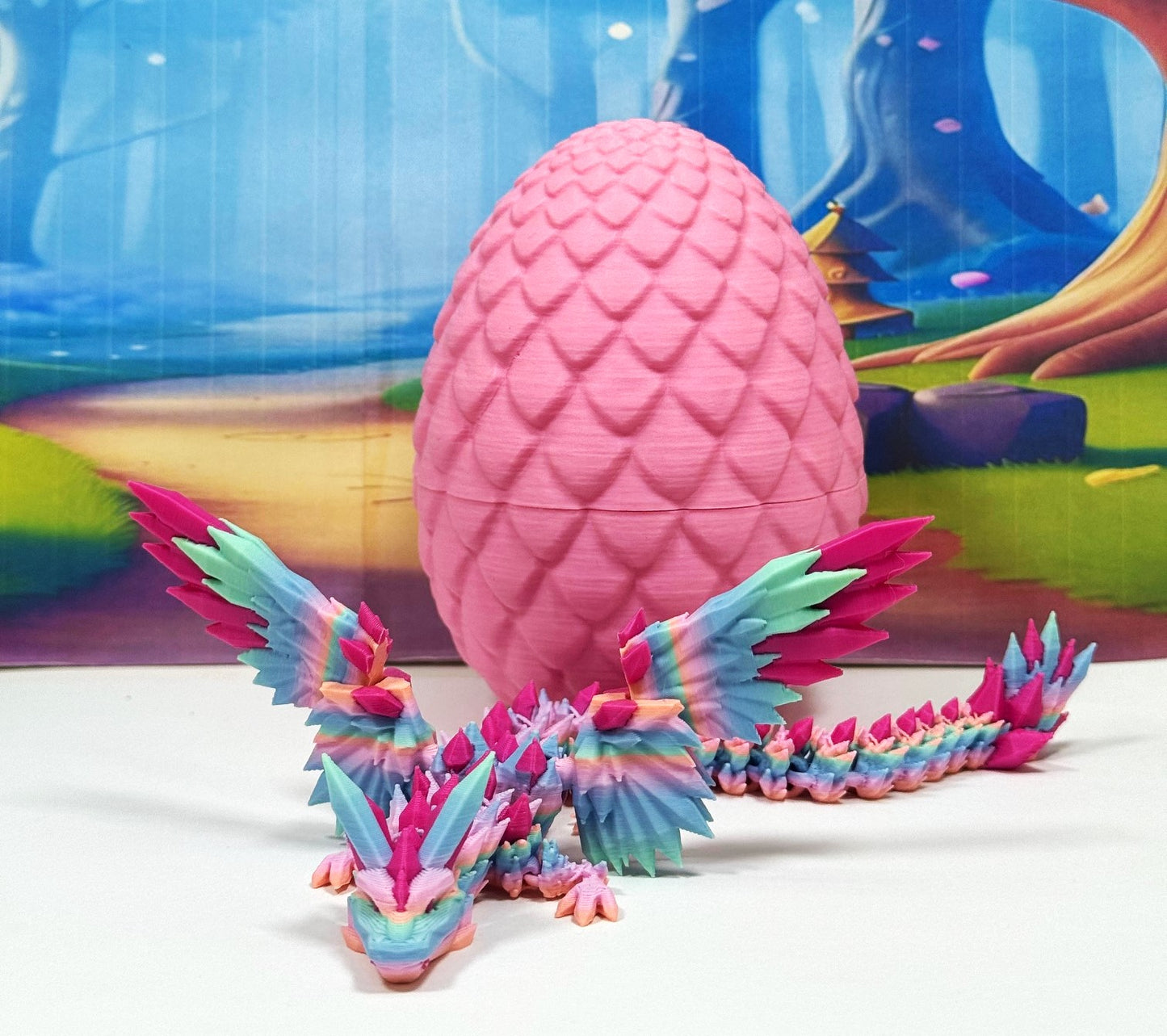 3D Printed Dragon with Egg, Articulated Multi Color Crystal Winged Dragon, Fidget ADHD Dragon Toy - CW015