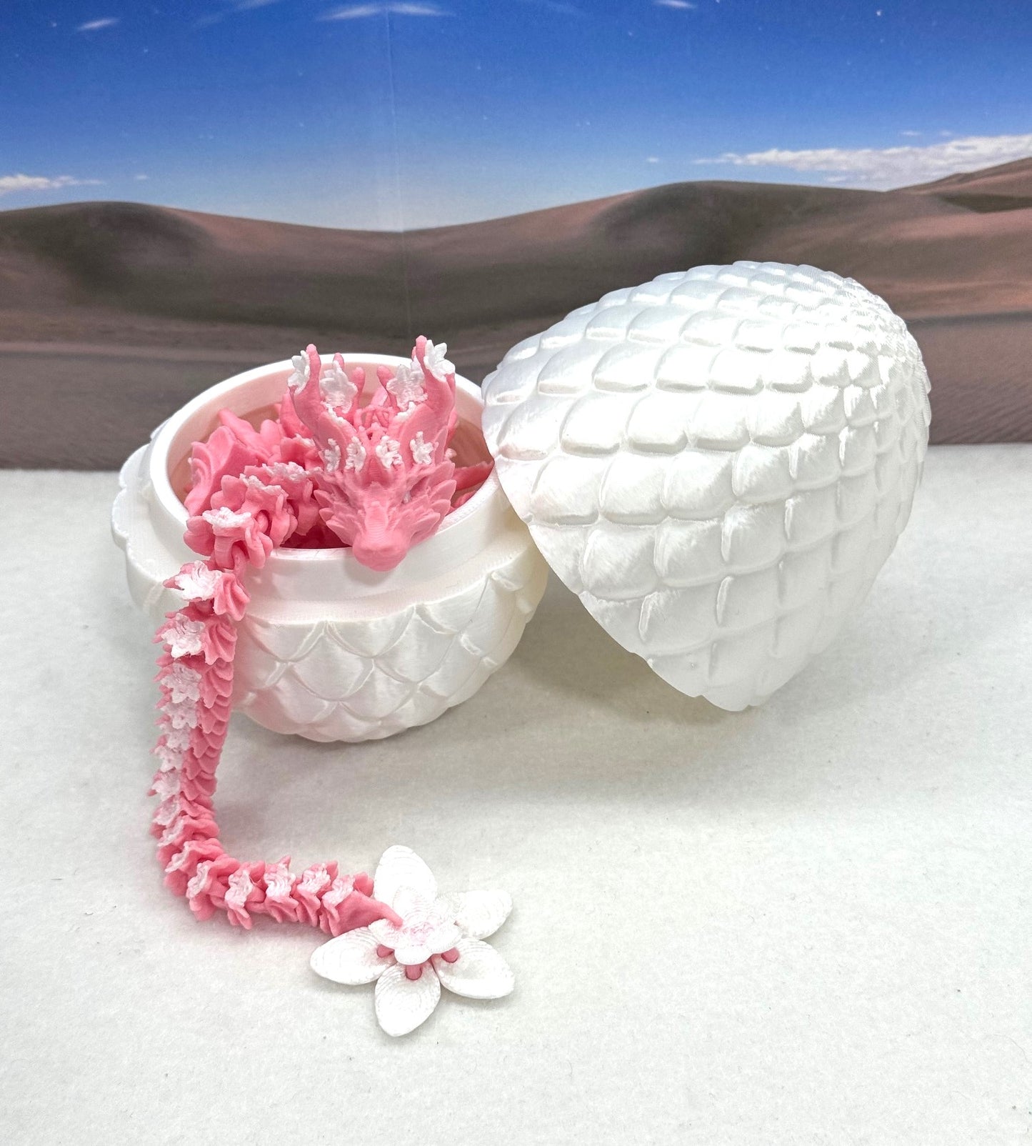 3D Printed Dragon with Egg, Articulated Pink Cherry Blossom  Dragon, Fidget ADHD Dragon Toy - D023-WE