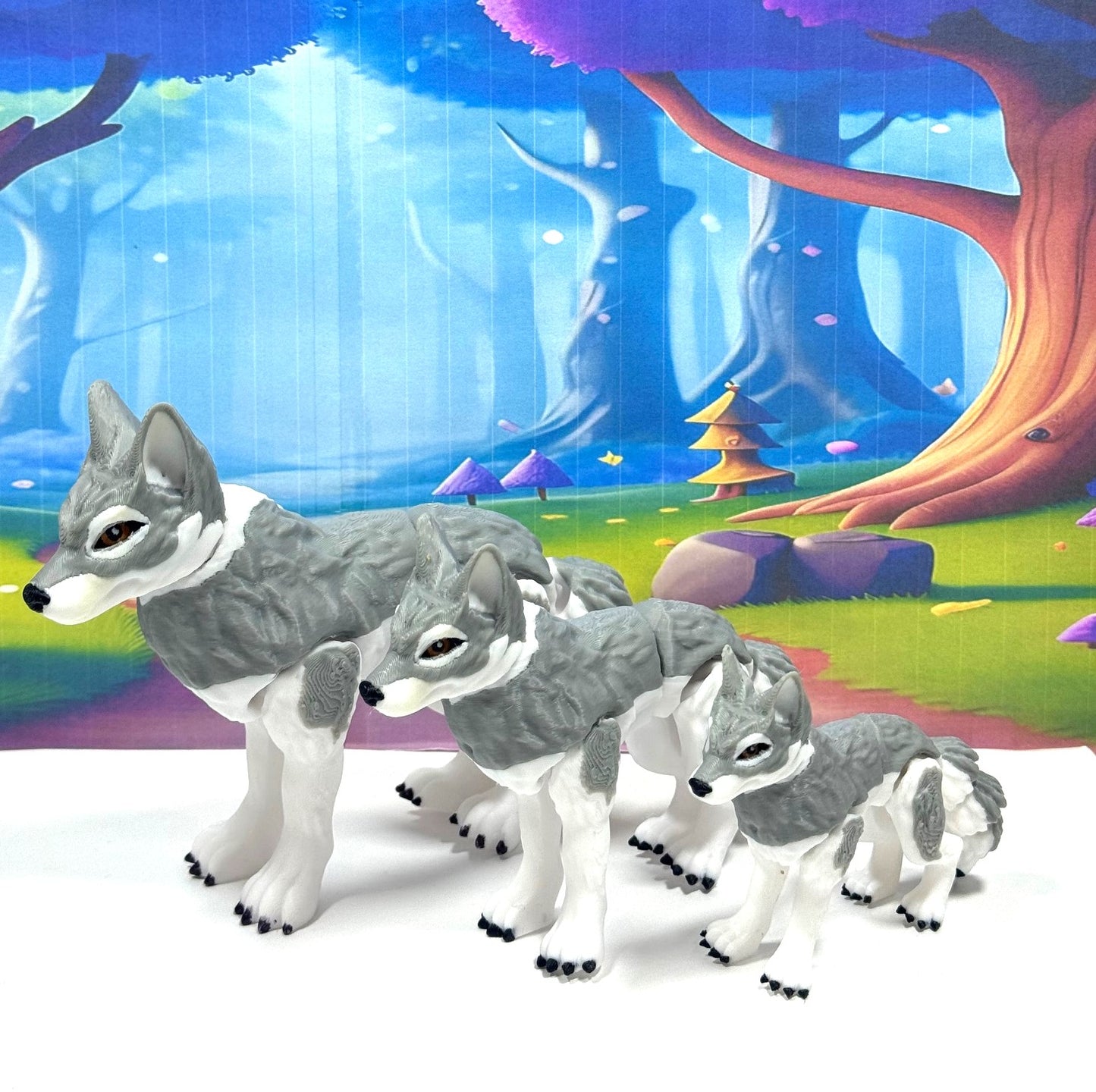 3pcs 3D Printed Wolf, White and Gray Pack of Wolf, Full Body Articulated Animal Toy, Fidget ADHD Autism Toy WC3002-BLK-3X