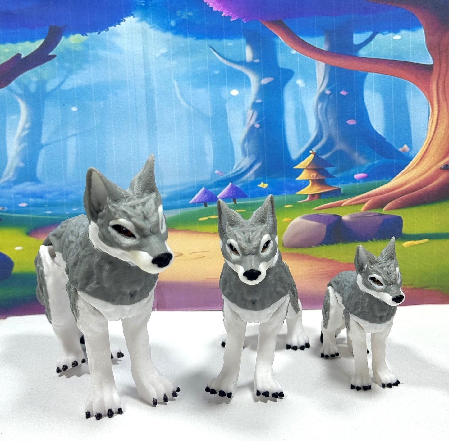 3pcs 3D Printed Wolf, White and Gray Pack of Wolf, Full Body Articulated Animal Toy, Fidget ADHD Autism Toy WC3002-BLK-3X