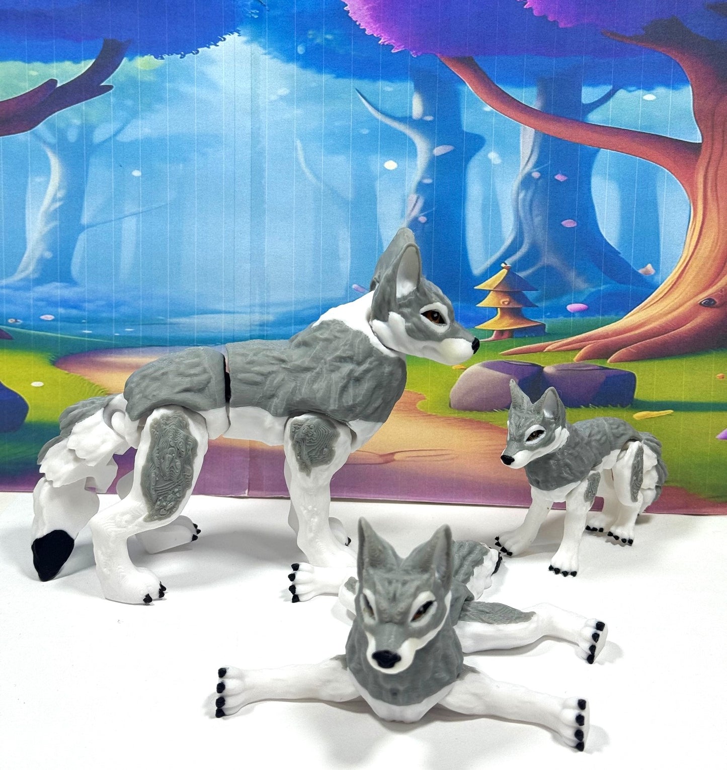 3pcs 3D Printed Wolf, White and Gray Pack of Wolf, Full Body Articulated Animal Toy, Fidget ADHD Autism Toy WC3002-BLK-3X
