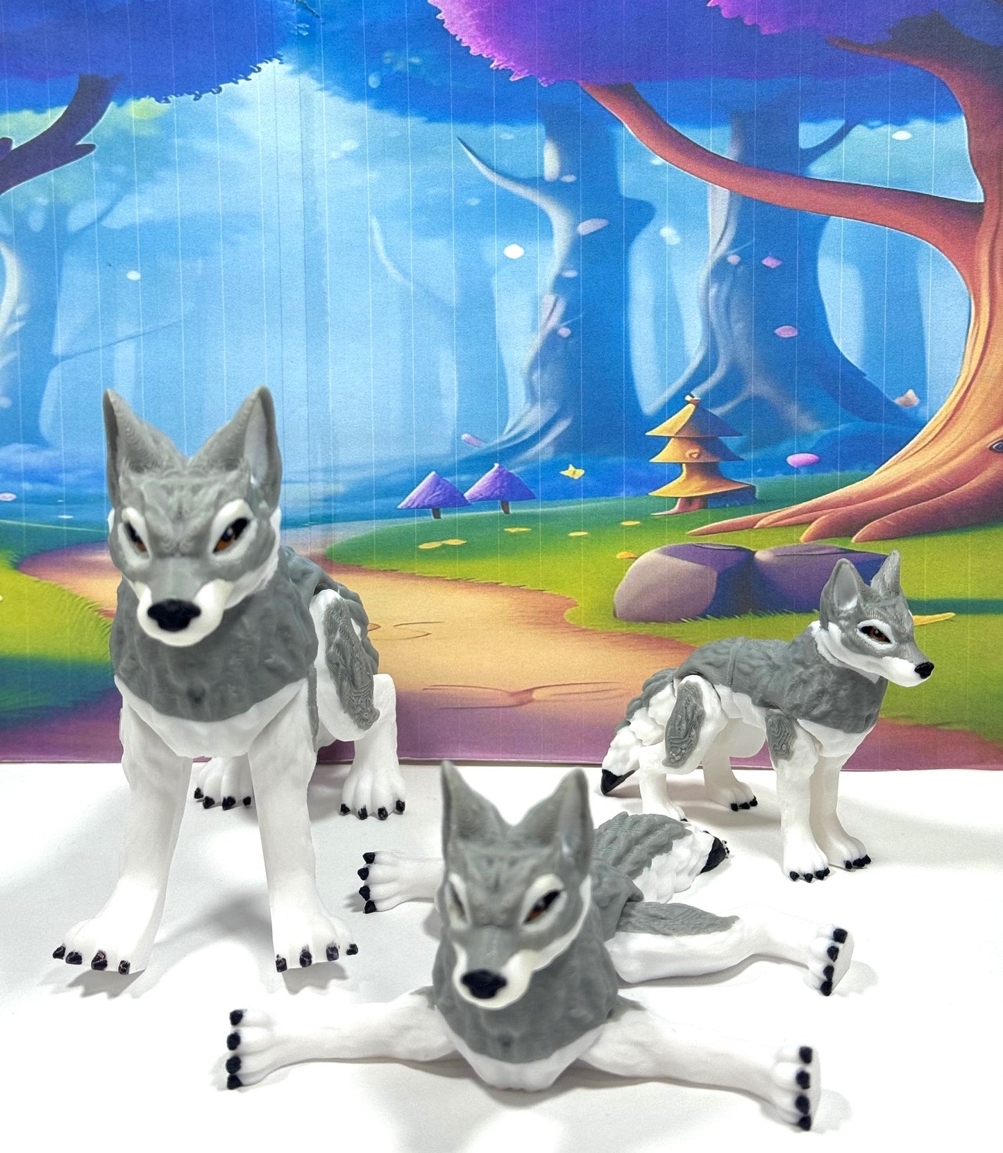 3pcs 3D Printed Wolf, White and Gray Pack of Wolf, Full Body Articulated Animal Toy, Fidget ADHD Autism Toy WC3002-BLK-3X