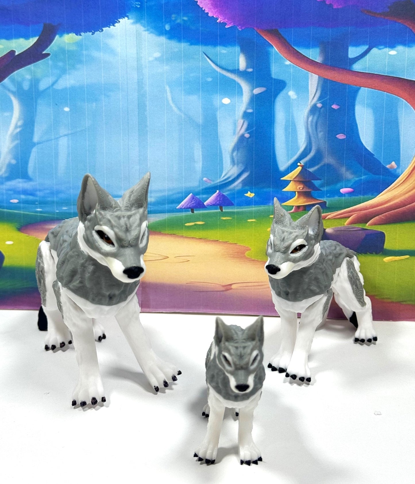 3pcs 3D Printed Wolf, White and Gray Pack of Wolf, Full Body Articulated Animal Toy, Fidget ADHD Autism Toy WC3002-BLK-3X