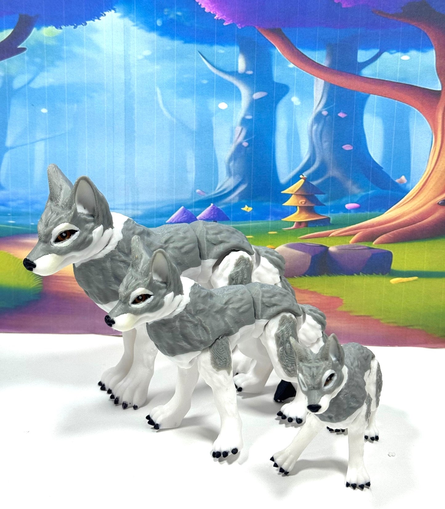 3pcs 3D Printed Wolf, White and Gray Pack of Wolf, Full Body Articulated Animal Toy, Fidget ADHD Autism Toy WC3002-BLK-3X