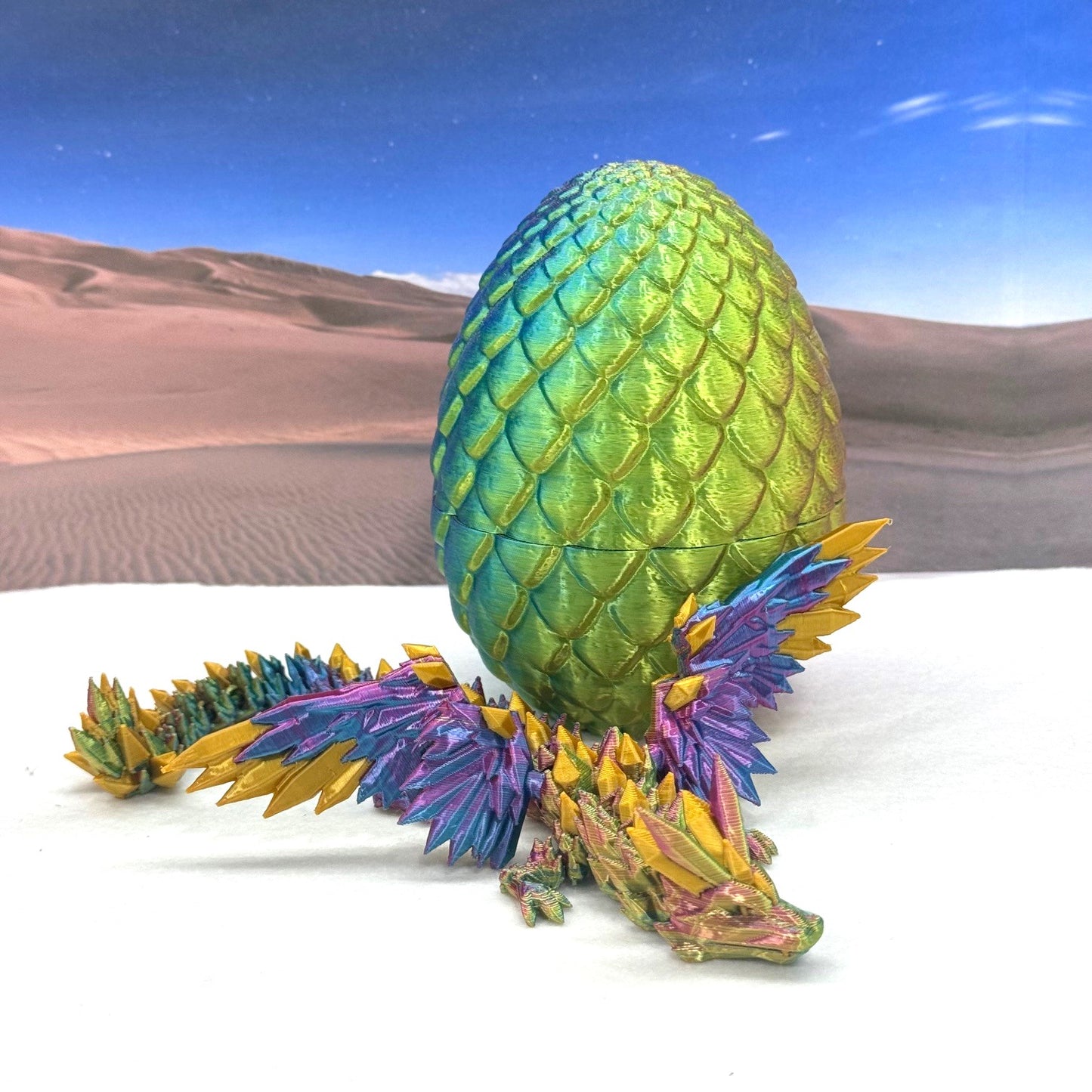 3D Printed Dragon with Egg, Articulated Red Yellow Blue Crystal Winged Dragon, Fidget ADHD Dragon Toy - CW001-RYB