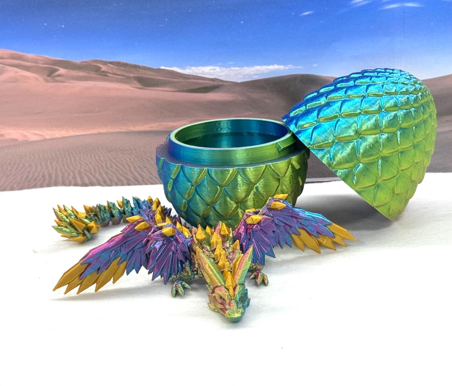 3D Printed Dragon with Egg, Articulated Red Yellow Blue Crystal Winged Dragon, Fidget ADHD Dragon Toy - CW001-RYB