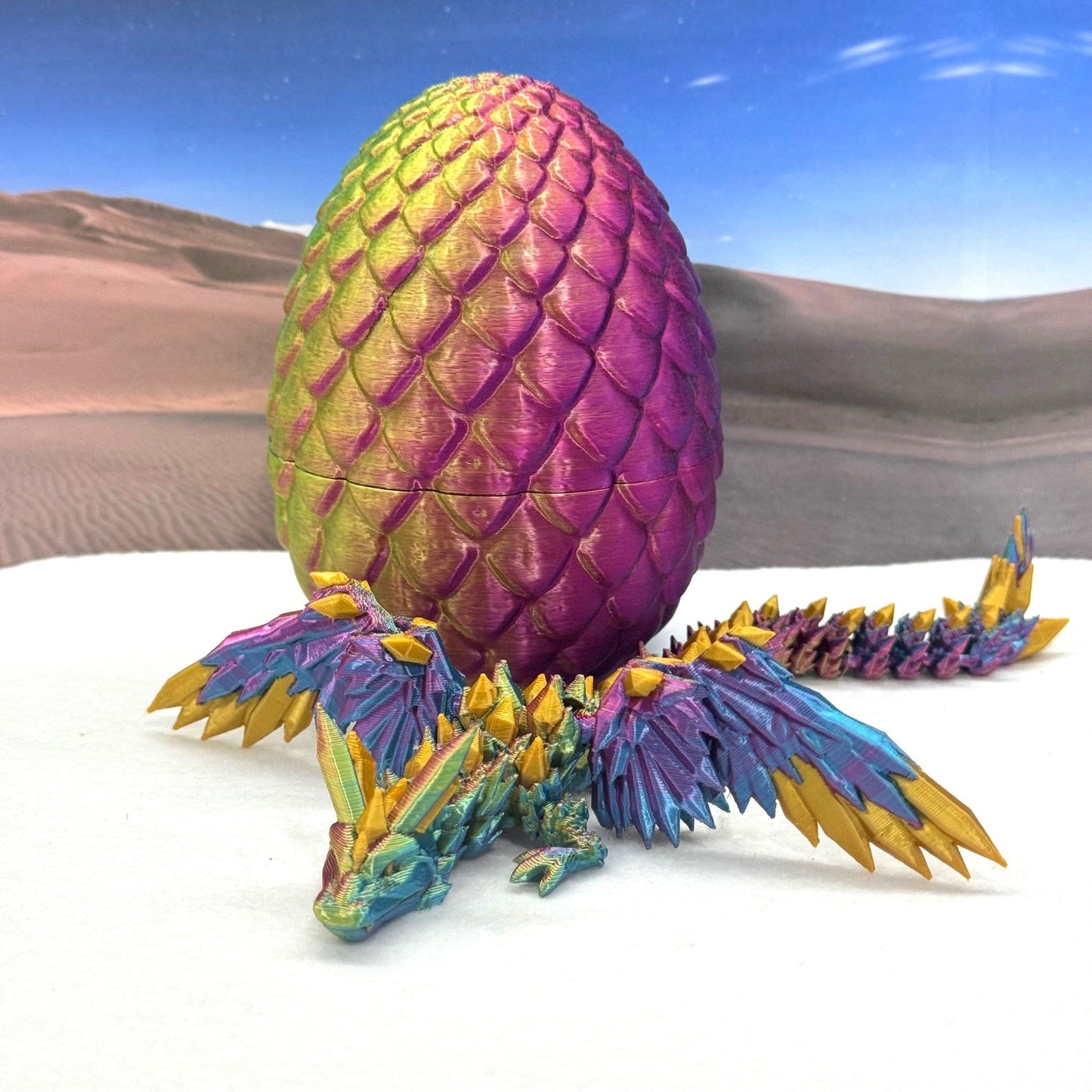 3D Printed Dragon with Egg, Articulated Red Yellow Blue Crystal Winged Dragon, Fidget ADHD Dragon Toy - CW001-RYB