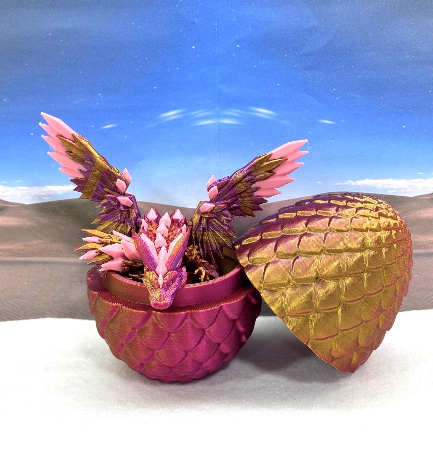 3D Printed Dragon with Egg, Articulated Red Purple Gold Crystal Winged Dragon, Fidget ADHD Dragon Toy - CW001-RPG