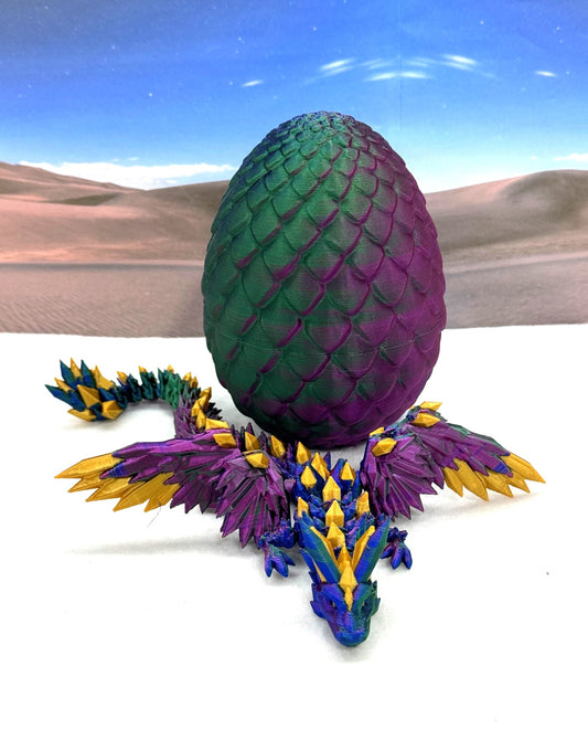 3D Printed Dragon with Egg, Articulated Red Green Blue Crystal Winged Dragon, Fidget ADHD Dragon Toy - CW001-RGB