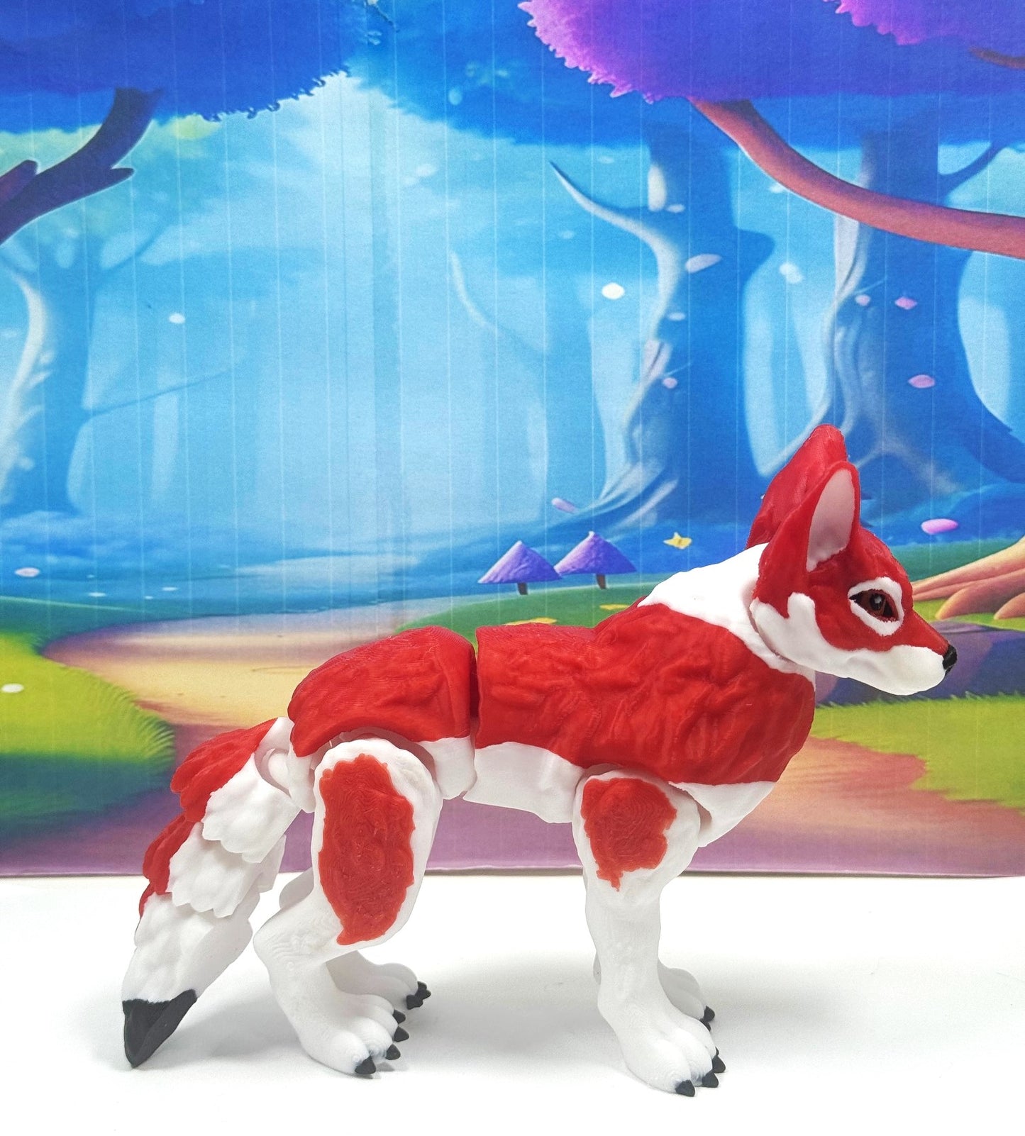 3D Printed Wolf, 4.75" White and Red Articulated Wolf Toy, Executive Desk Decor, Fidget Toy WC3002-RED