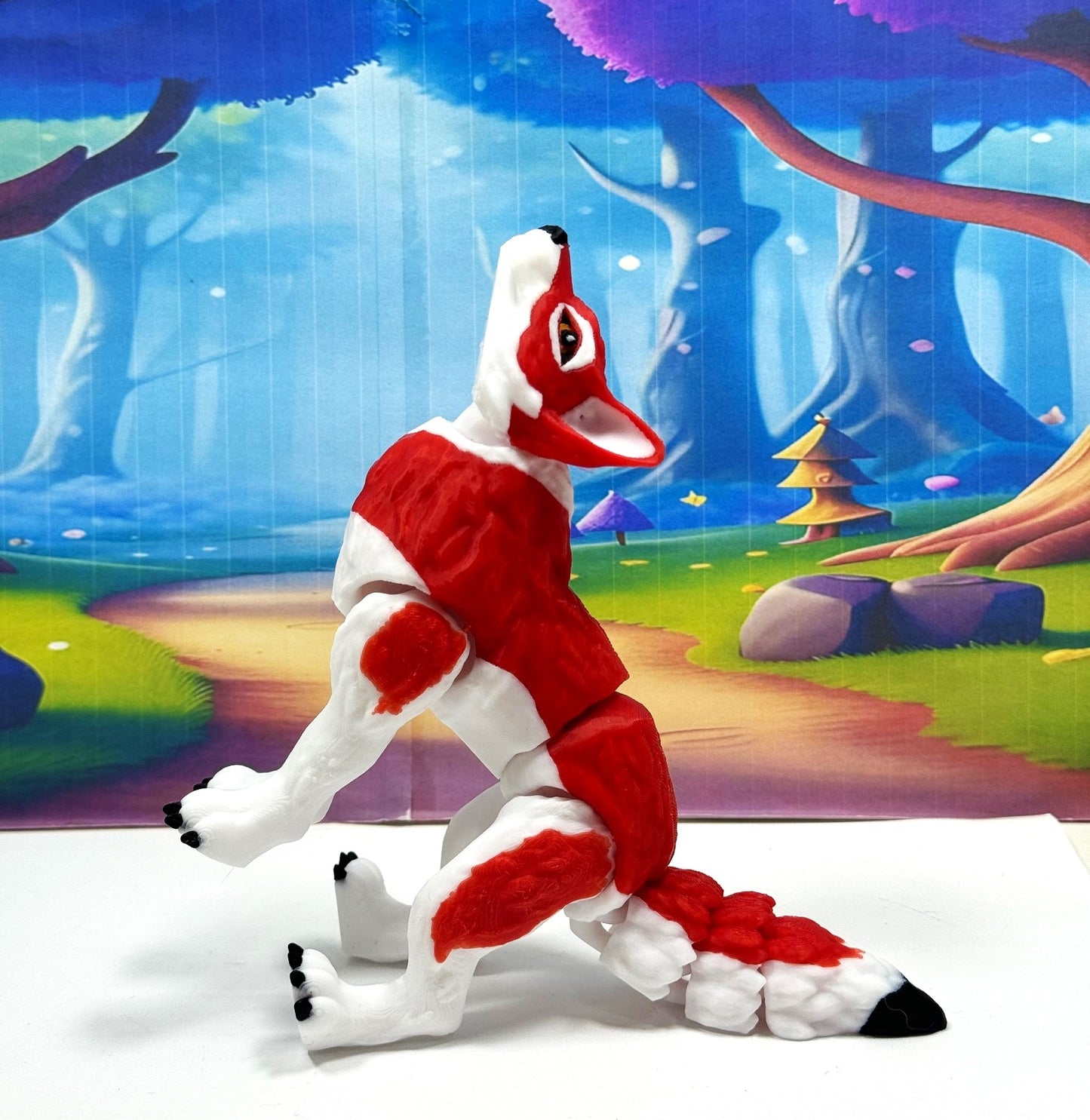 3D Printed Wolf, 4.75" White and Red Articulated Wolf Toy, Executive Desk Decor, Fidget Toy WC3002-RED