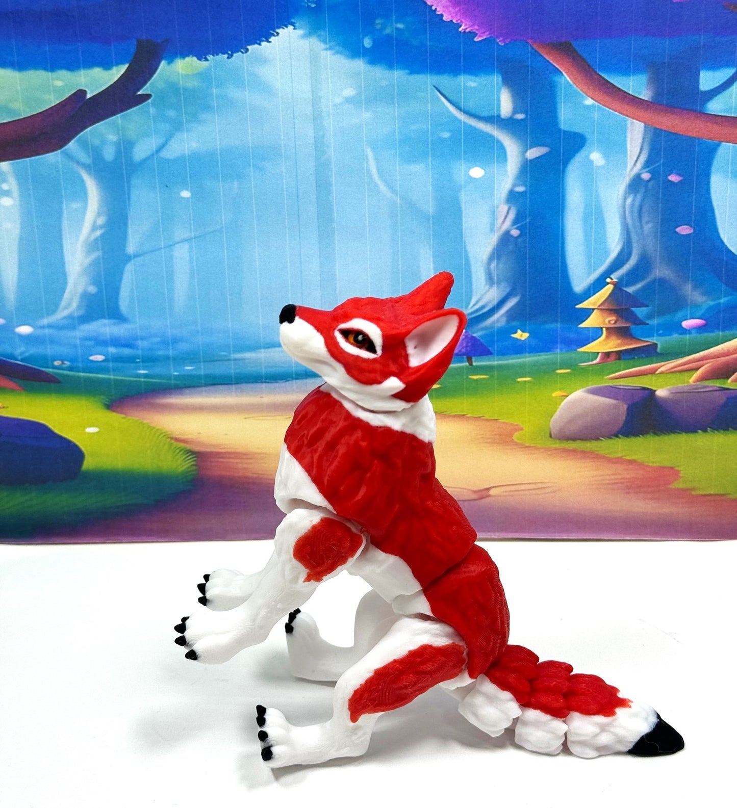 3D Printed Wolf, 4.75" White and Red Articulated Wolf Toy, Executive Desk Decor, Fidget Toy WC3002-RED