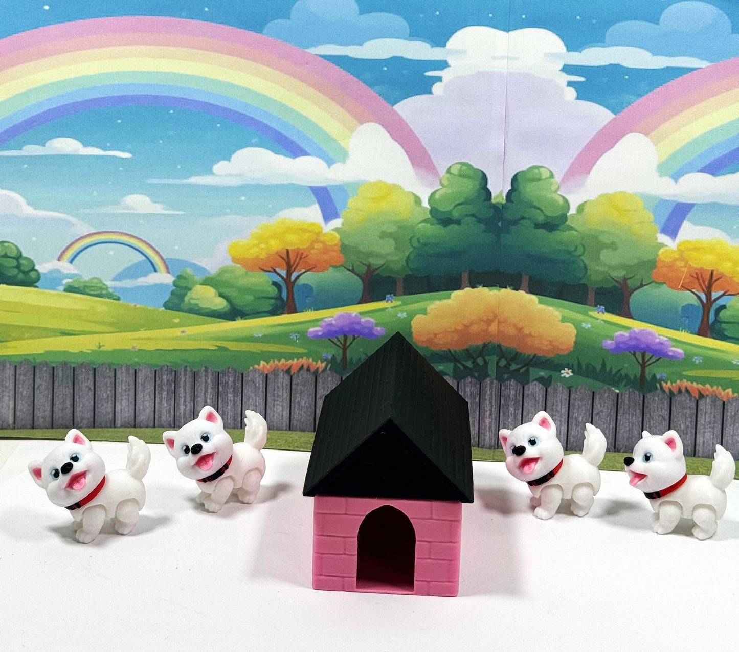 4pcs 3D Printed Dog with Dog House, Articulated Baby Husky Chibi Edition Toy, White Posable and Movable Head and Joints Animal, Fidget ADHD Autism Toy CH001-WHT-PH