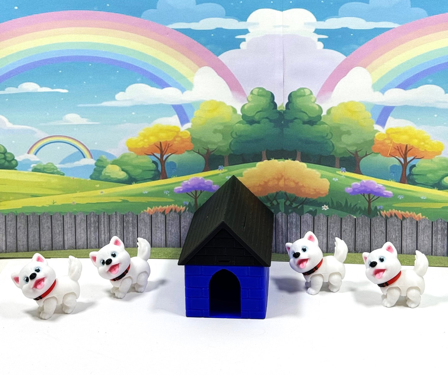 4pcs 3D Printed Dog with Dog House, Articulated Baby Husky Chibi Edition Toy, White Posable and Movable Head and Joints Animal, Fidget ADHD Autism Toy CH001-WHT-BH