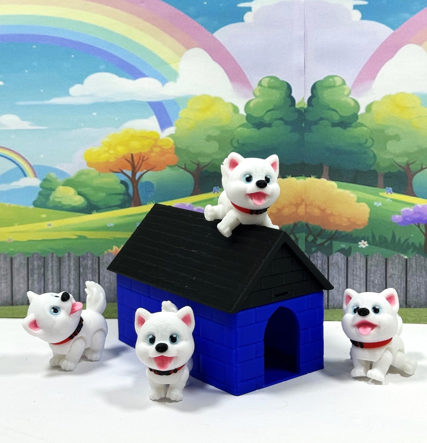 4pcs 3D Printed Dog with Dog House, Articulated Baby Husky Chibi Edition Toy, White Posable and Movable Head and Joints Animal, Fidget ADHD Autism Toy CH001-WHT-BH
