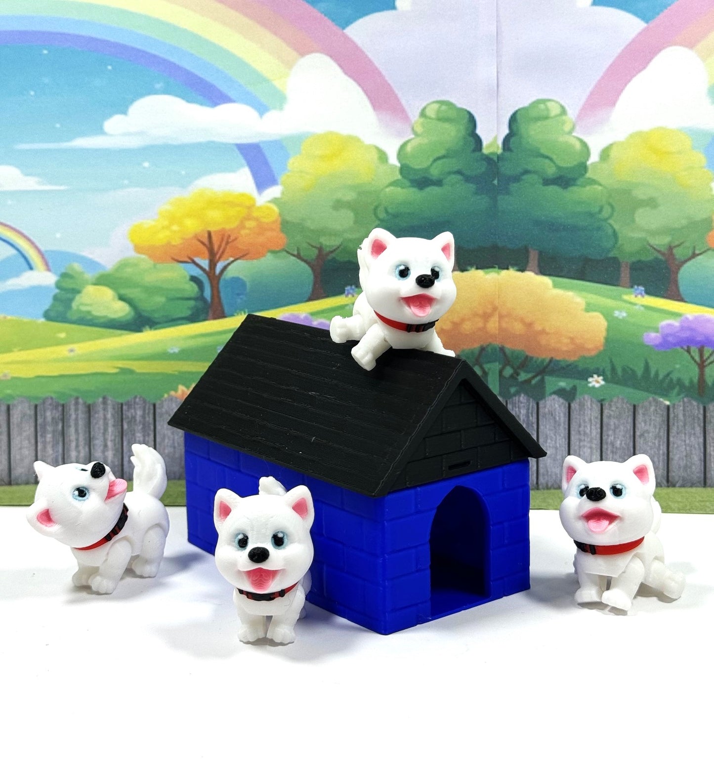 4pcs 3D Printed Dog with Dog House, Articulated Baby Husky Chibi Edition Toy, White Posable and Movable Head and Joints Animal, Fidget ADHD Autism Toy CH001-WHT-BH