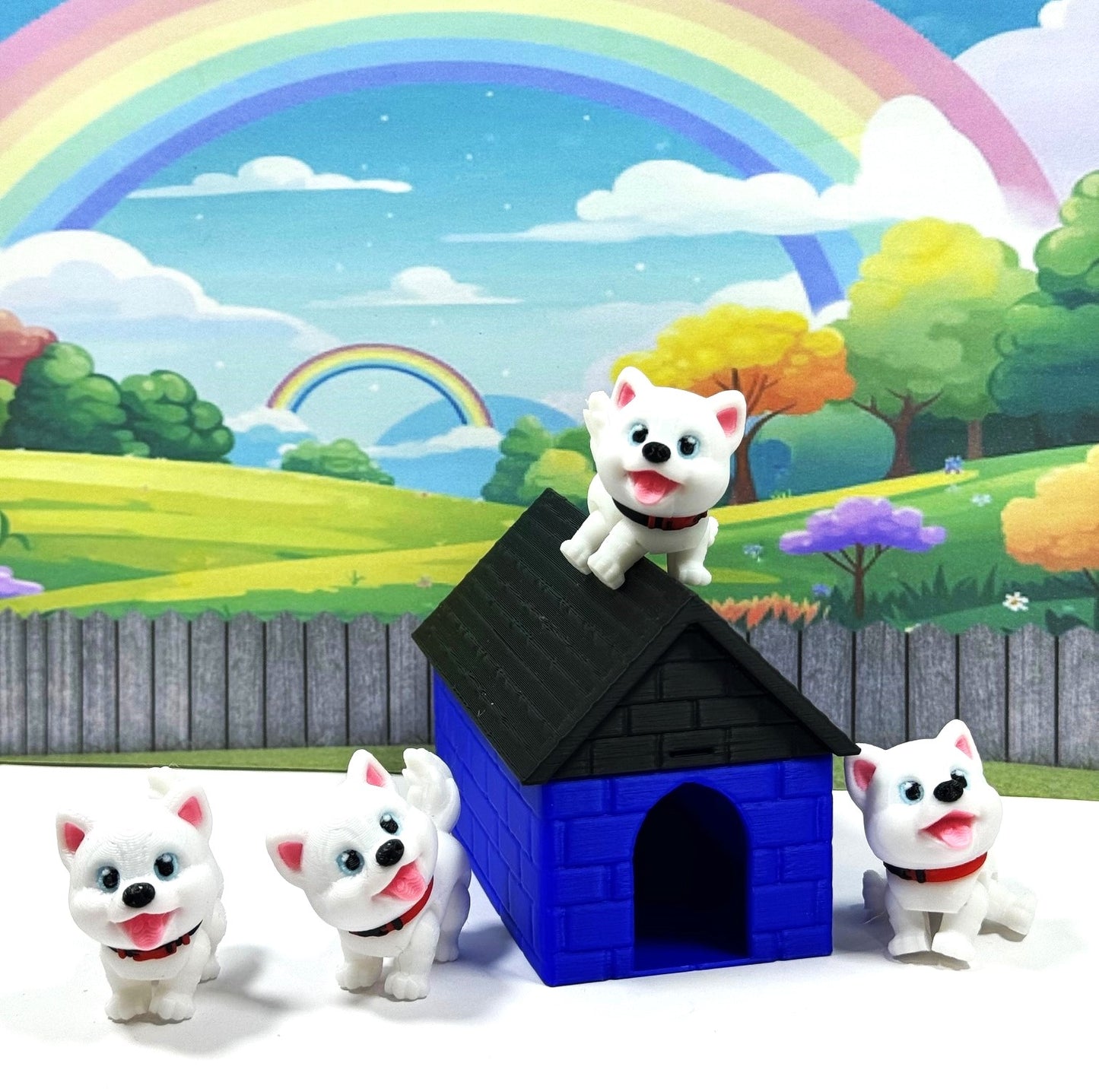 4pcs 3D Printed Dog with Dog House, Articulated Baby Husky Chibi Edition Toy, White Posable and Movable Head and Joints Animal, Fidget ADHD Autism Toy CH001-WHT-BH