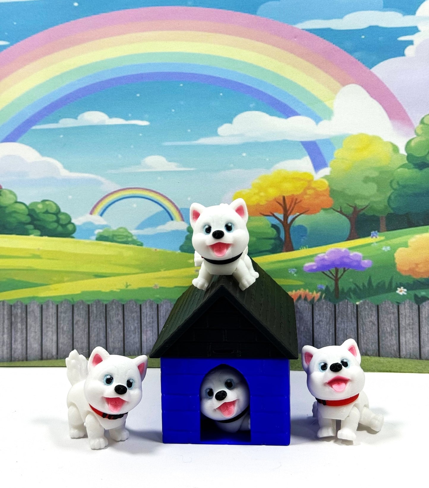 4pcs 3D Printed Dog with Dog House, Articulated Baby Husky Chibi Edition Toy, White Posable and Movable Head and Joints Animal, Fidget ADHD Autism Toy CH001-WHT-BH