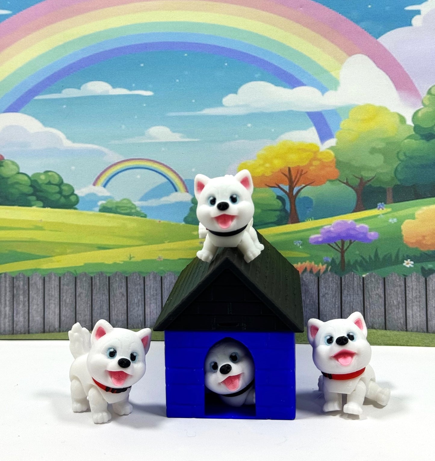 4pcs 3D Printed Dog with Dog House, Articulated Baby Husky Chibi Edition Toy, White Posable and Movable Head and Joints Animal, Fidget ADHD Autism Toy CH001-WHT-BH