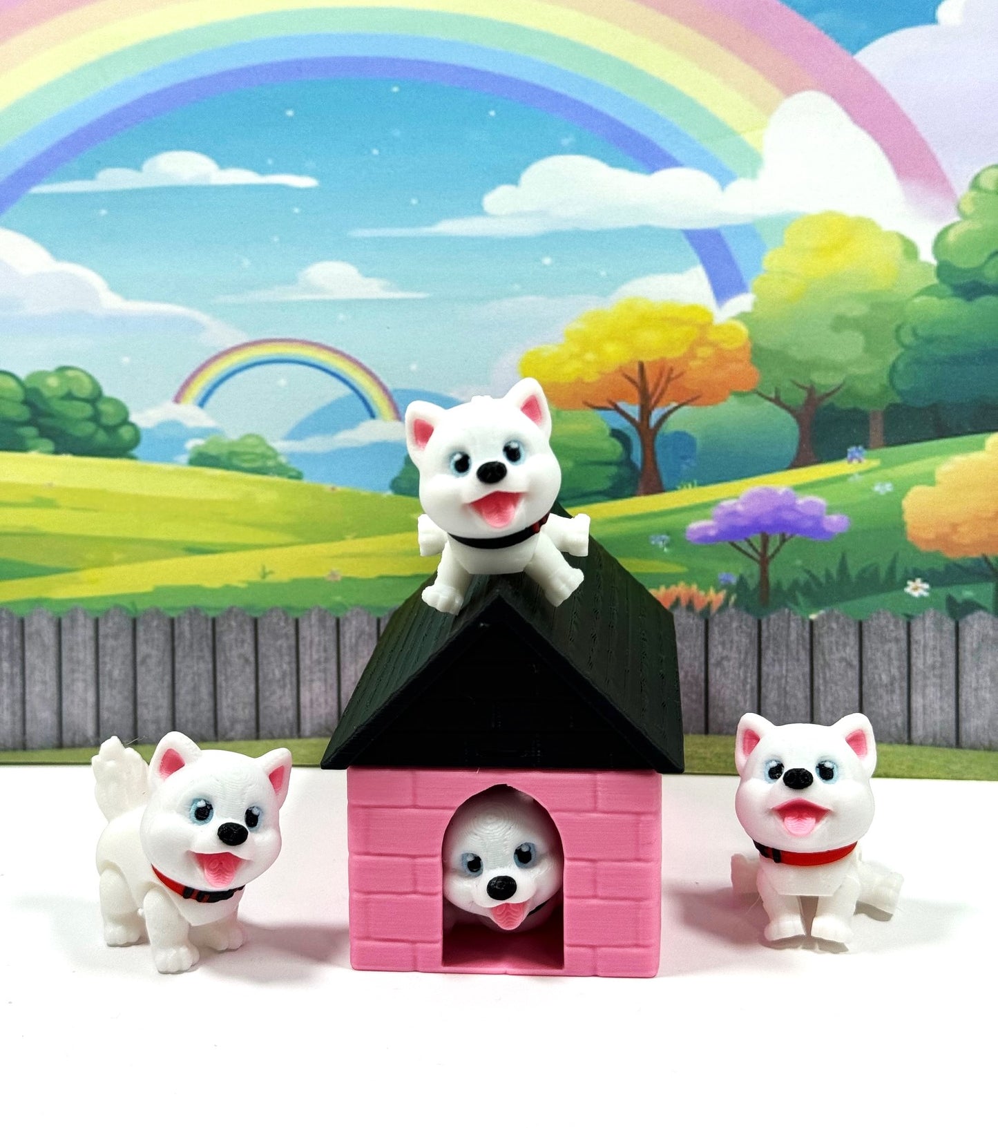 4pcs 3D Printed Dog with Dog House, Articulated Baby Husky Chibi Edition Toy, White Posable and Movable Head and Joints Animal, Fidget ADHD Autism Toy CH001-WHT-PH